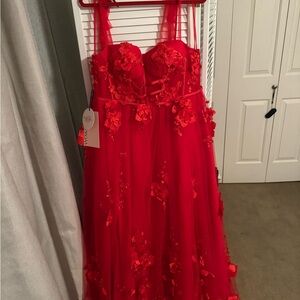 Red Floral Appliqué Prom or Party Dress: